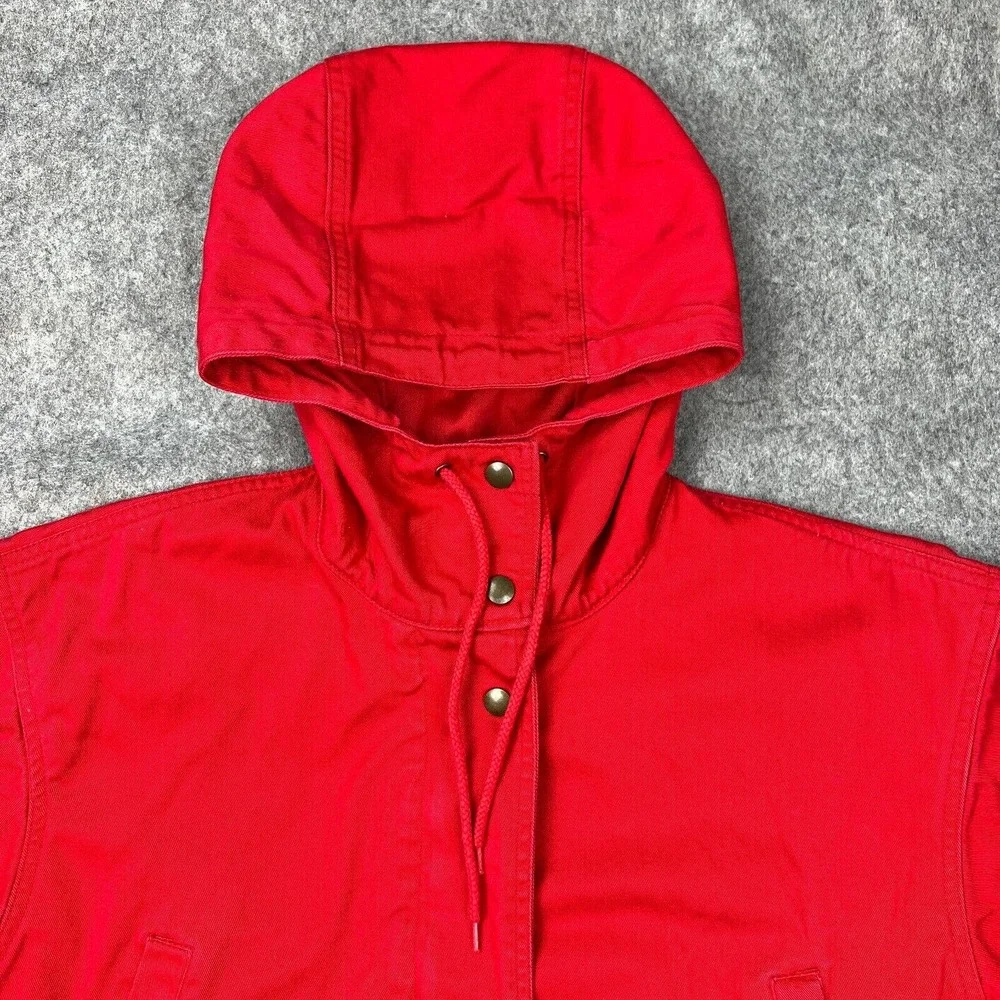 VTG Eddie Bauer Jacket Womens Medium Red Hooded Zip Snap Cotton Outdoors Pockets